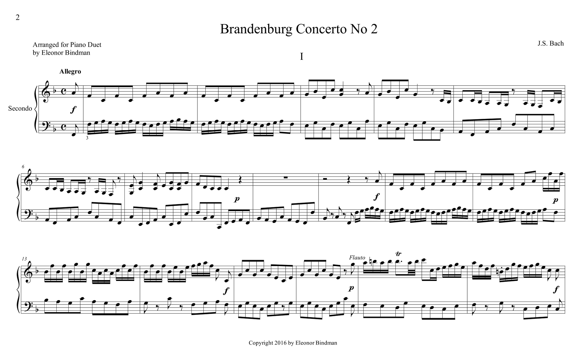 J.S. Bach: Brandenburg Concerto No. 2, BWV 1047 – arranged for piano duet by Eleonor Bindman (GPC039)