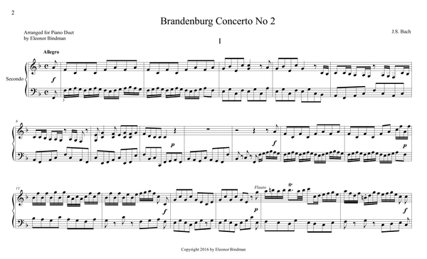 J.S. Bach: Brandenburg Concerto No. 2, BWV 1047 – arranged for piano duet by Eleonor Bindman (GPC039)