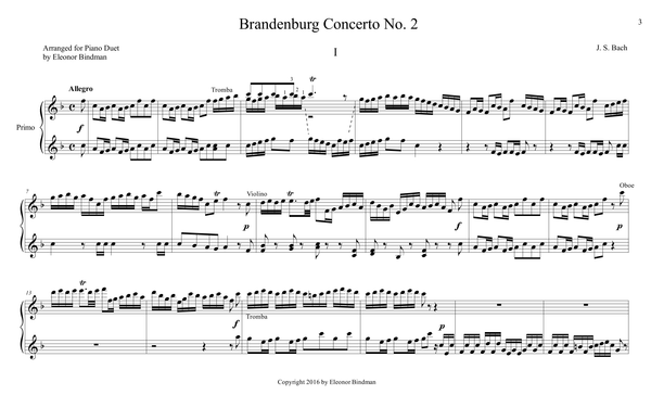 J.S. Bach: Brandenburg Concerto No. 2, BWV 1047 – arranged for piano duet by Eleonor Bindman (GPC039)